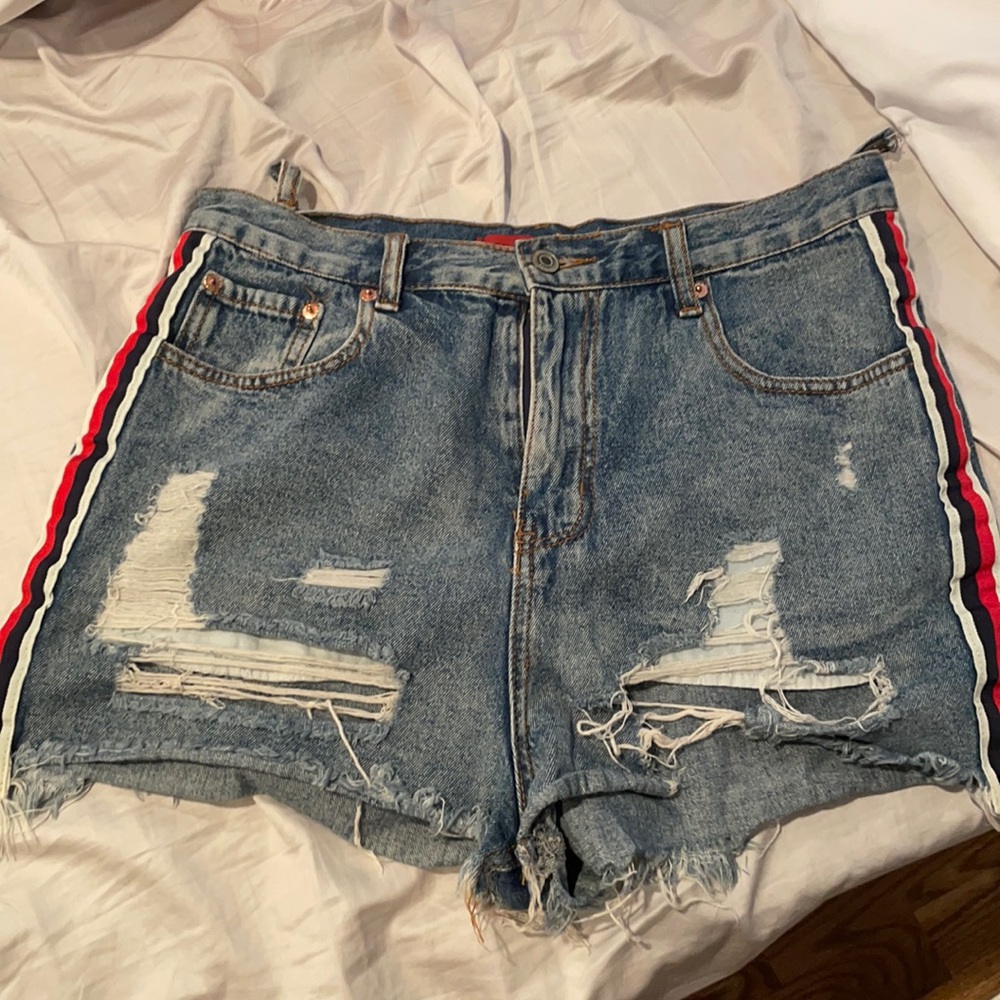 Denim shorts, red,white,blue stripes on side